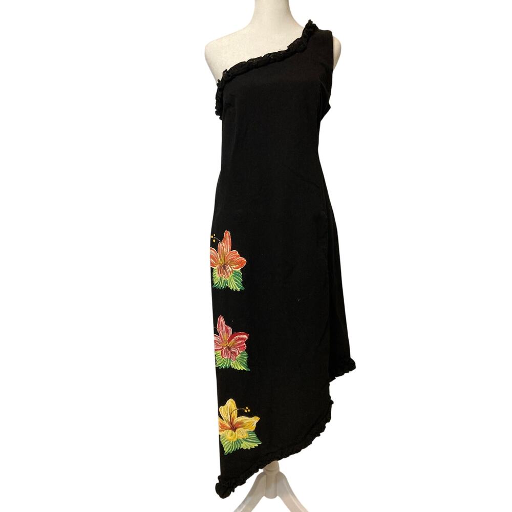 Mexico Handpainted Black Floral Ruffle One Shoulder Asymmetrical Hem Midi Dress